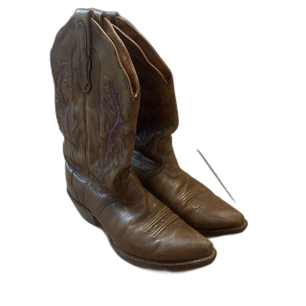 Nocona brown purple stitch cowboy cowgirl western boots leather 7B Concert